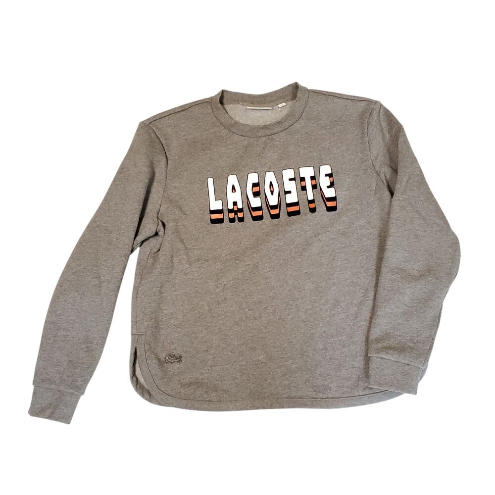 Lacoste Women's Crew Neck Pullover Sweatshirt Heather Gray Spellout Sz FR 44